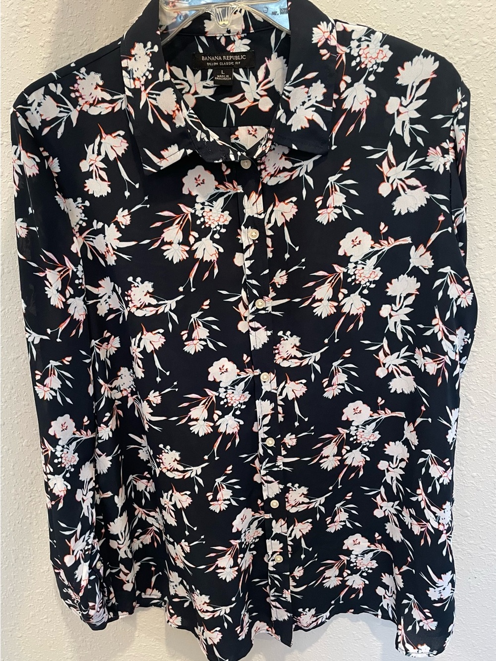 Banana Republic Black Floral Button-Down Shirt with Blush Accents